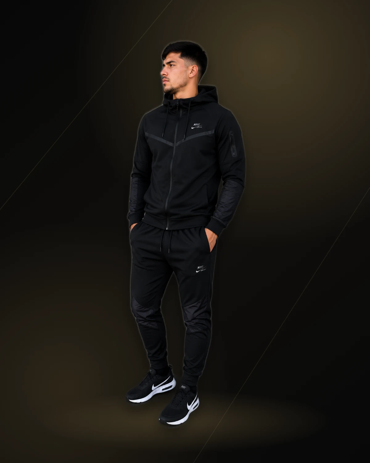 Conjunto Nike Tech Fleece Windrunner Masculino com Capuz Jaqueta + Calça - Preto
